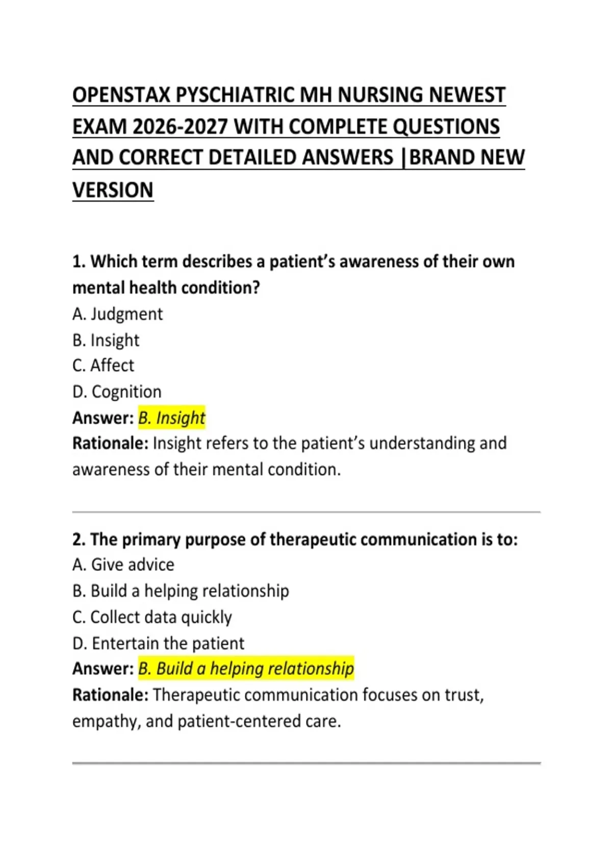 OpenStax Psychiatric & Mental Health Nursing Exam 2026 – Complete Study ...