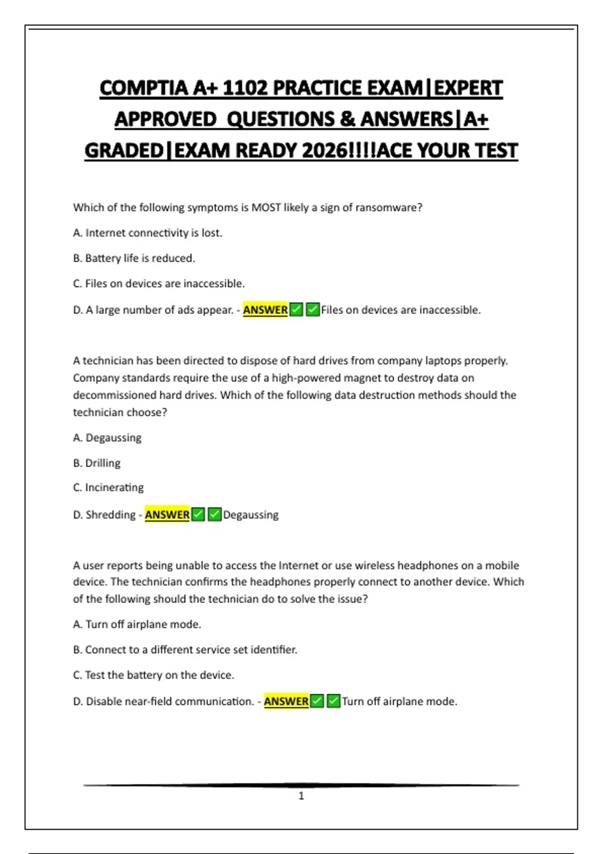 COMPTIA A+ 1102 PRACTICE EXAM|EXPERT APPROVED QUESTIONS & ANSWERS|A+ ...