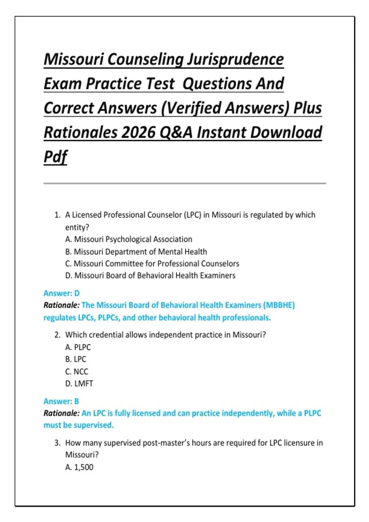 Missouri Counseling Jurisprudence Exam Practice Test Questions And Correct Answers (Verified ...