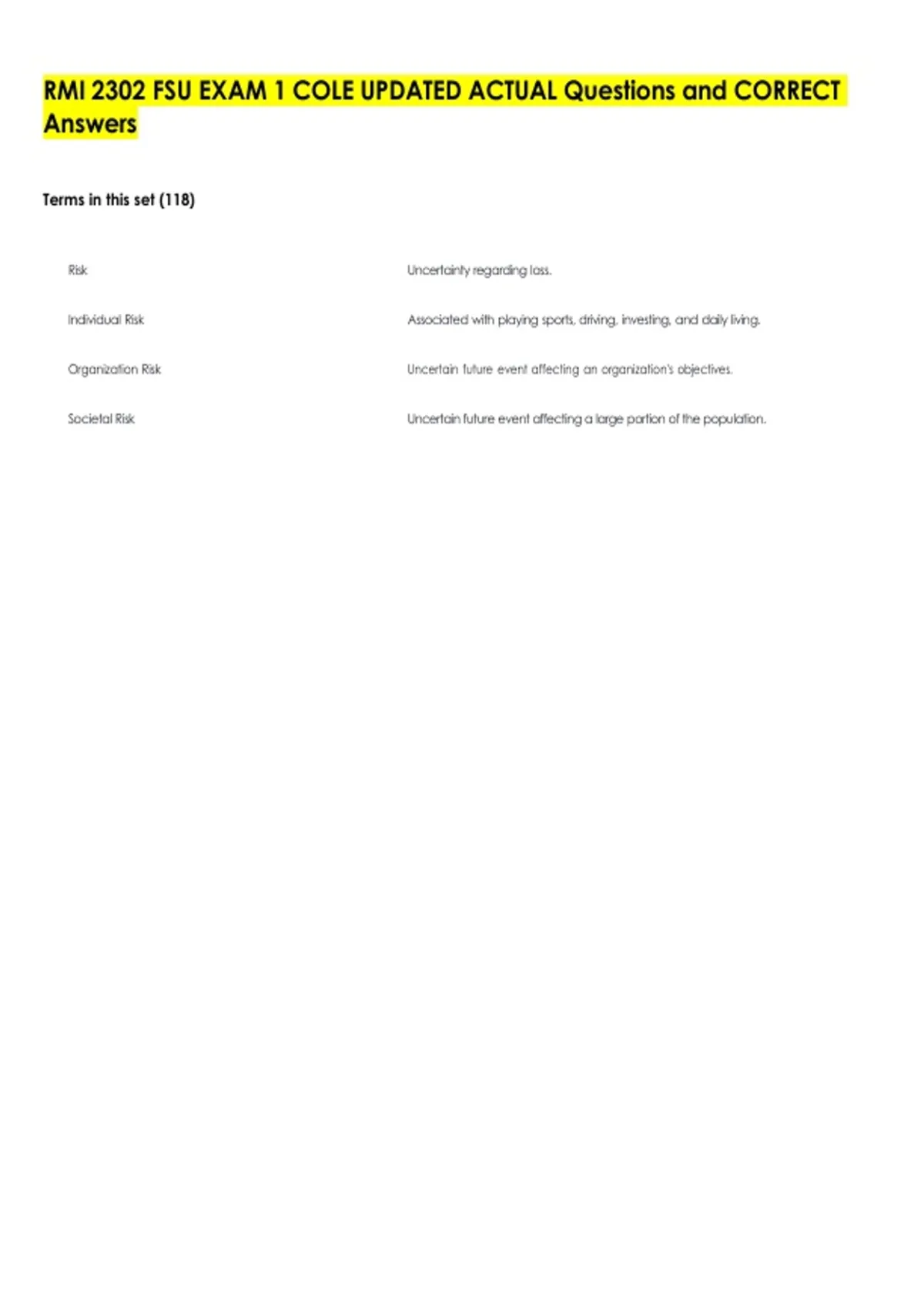 RMI 2302 FSU EXAM 1 COLE UPDATED ACTUAL Questions and CORRECT Answers ...