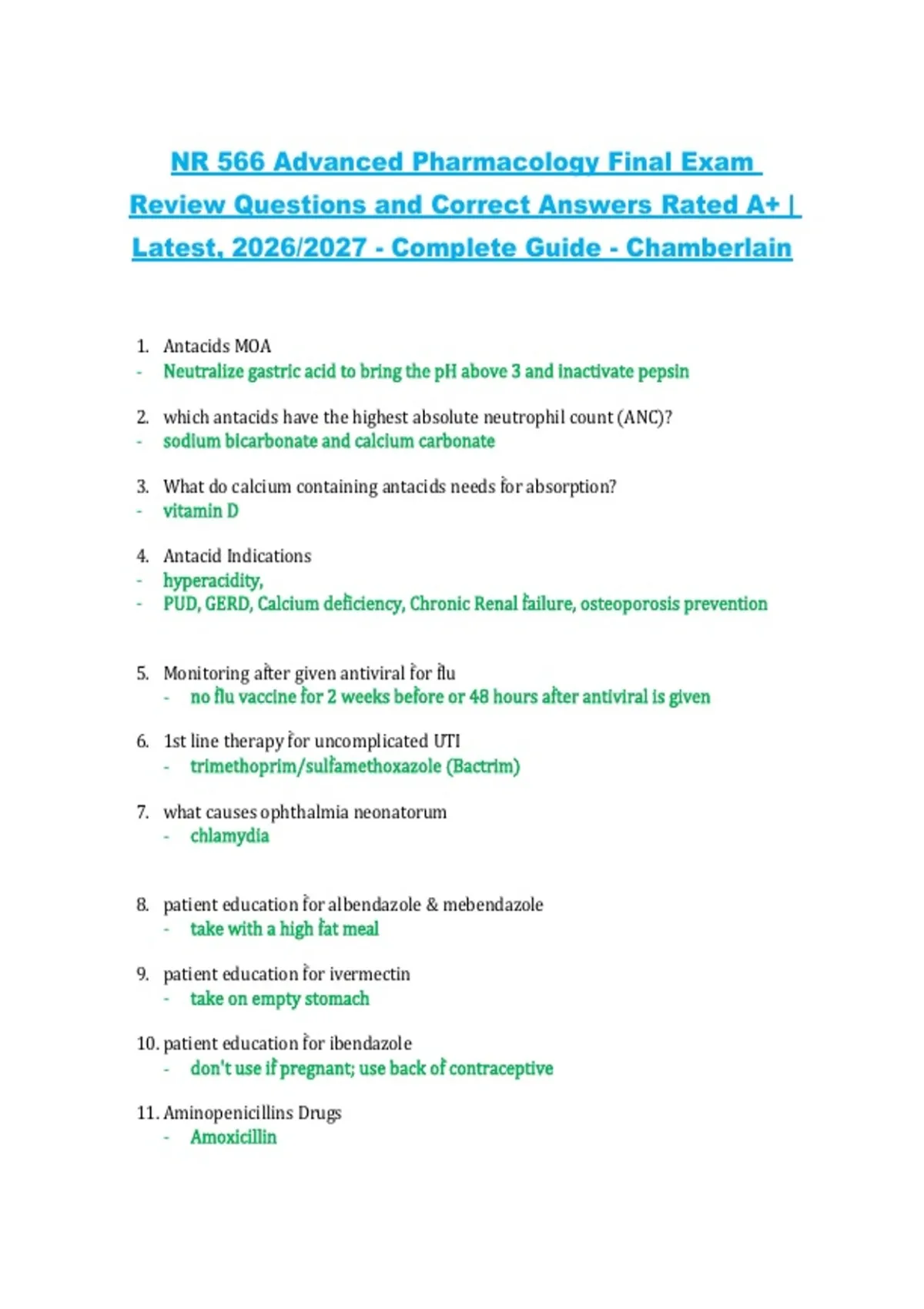 NR 566 – Advanced Pharmacology Final Exam Review, Chamberlain 2026/2027 ...
