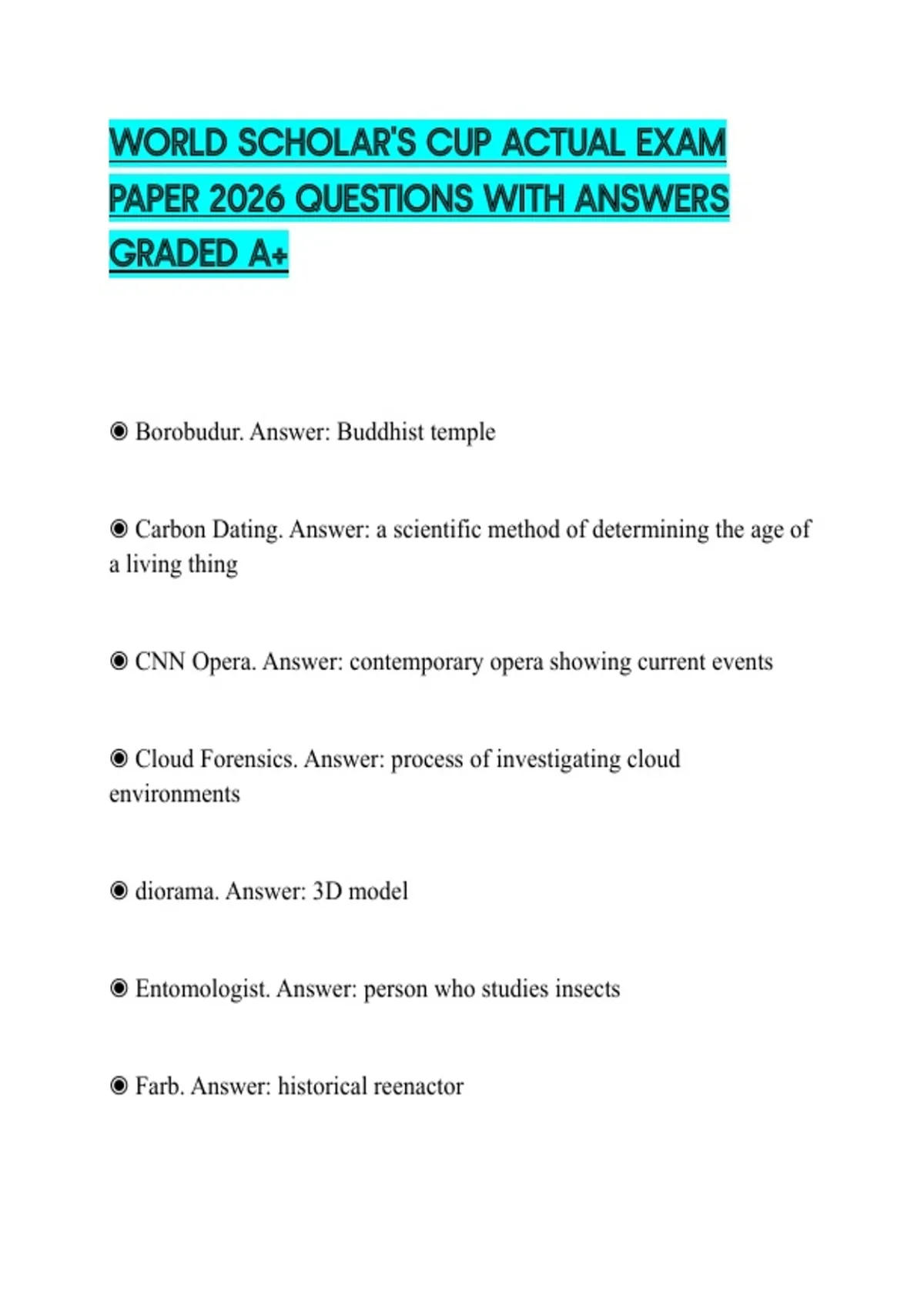WORLD SCHOLAR'S CUP ACTUAL EXAM PAPER 2026 QUESTIONS WITH ANSWERS ...