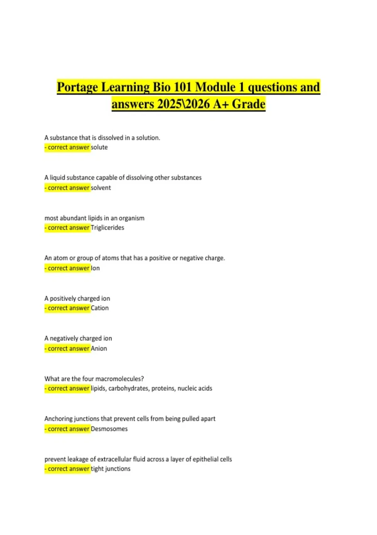 Portage Learning Bio 101 Module 1, 2025/2026 – Questions and Verified ...