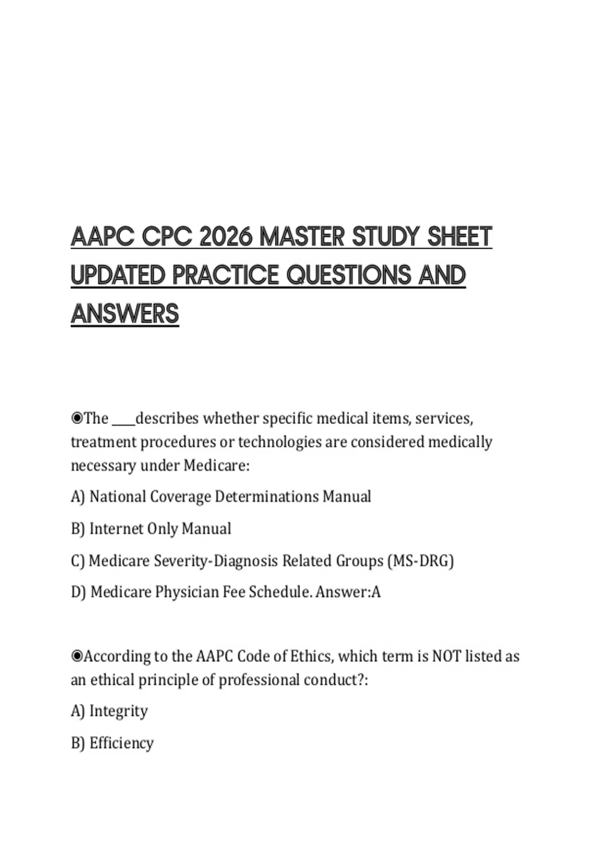 AAPC CPC 2026 MASTER STUDY SHEET UPDATED PRACTICE QUESTIONS AND ...