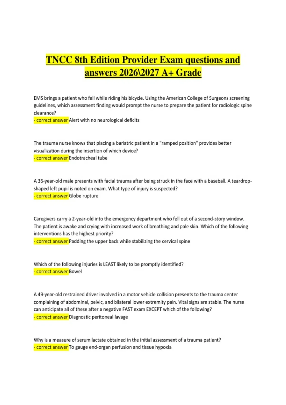 Tncc Questions TNCC 8th Edition Provider Exam, 2026/2027 – Questions and Verified ...