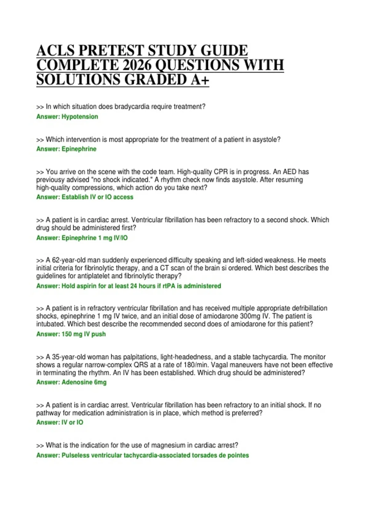 ACLS PRETEST STUDY GUIDE COMPLETE 2026 QUESTIONS WITH SOLUTIONS GRADED ...