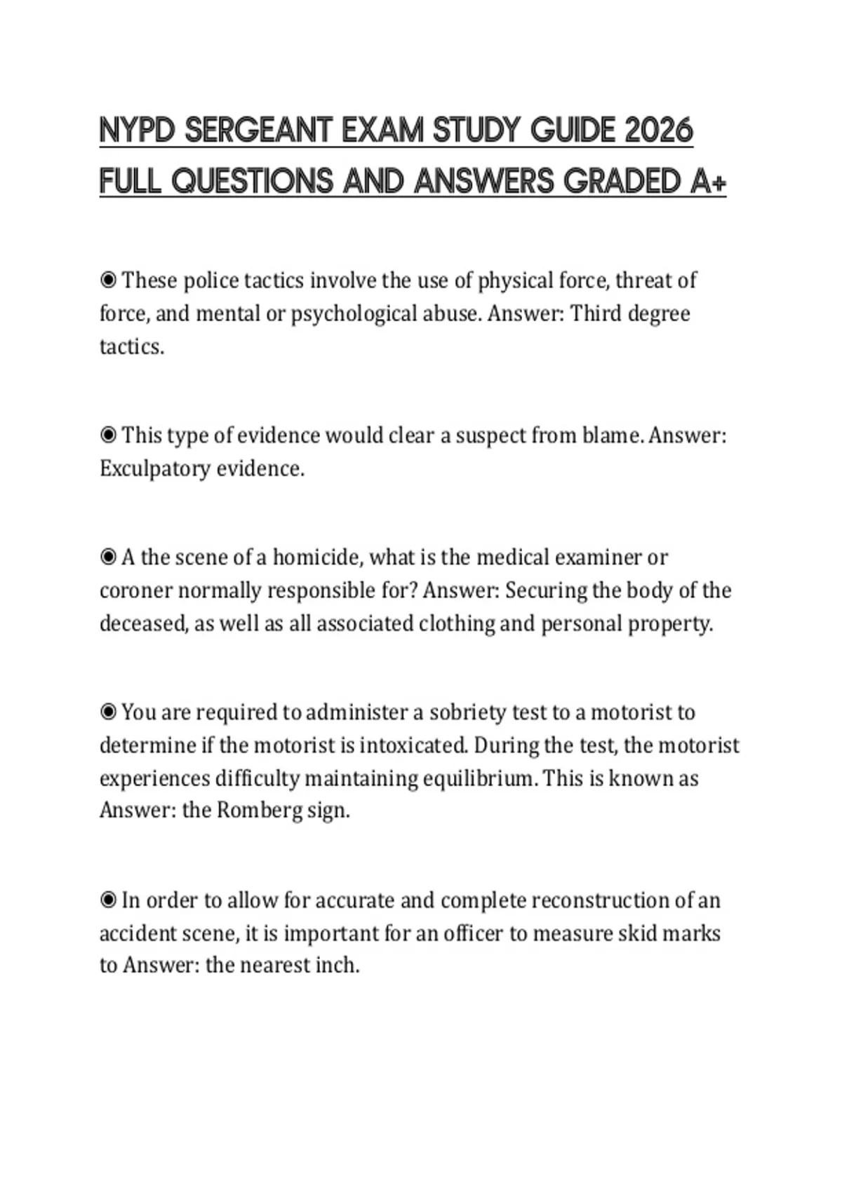 NYPD SERGEANT EXAM STUDY GUIDE 2026 FULL QUESTIONS AND ANSWERS GRADED A+ - NYPD SERGEANT - Stuvia US