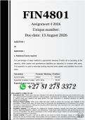 FIN4801 Assignment 4 &lpar;COMPLETE ANSWERS&rpar; 2026 - DUE 13 August 2026