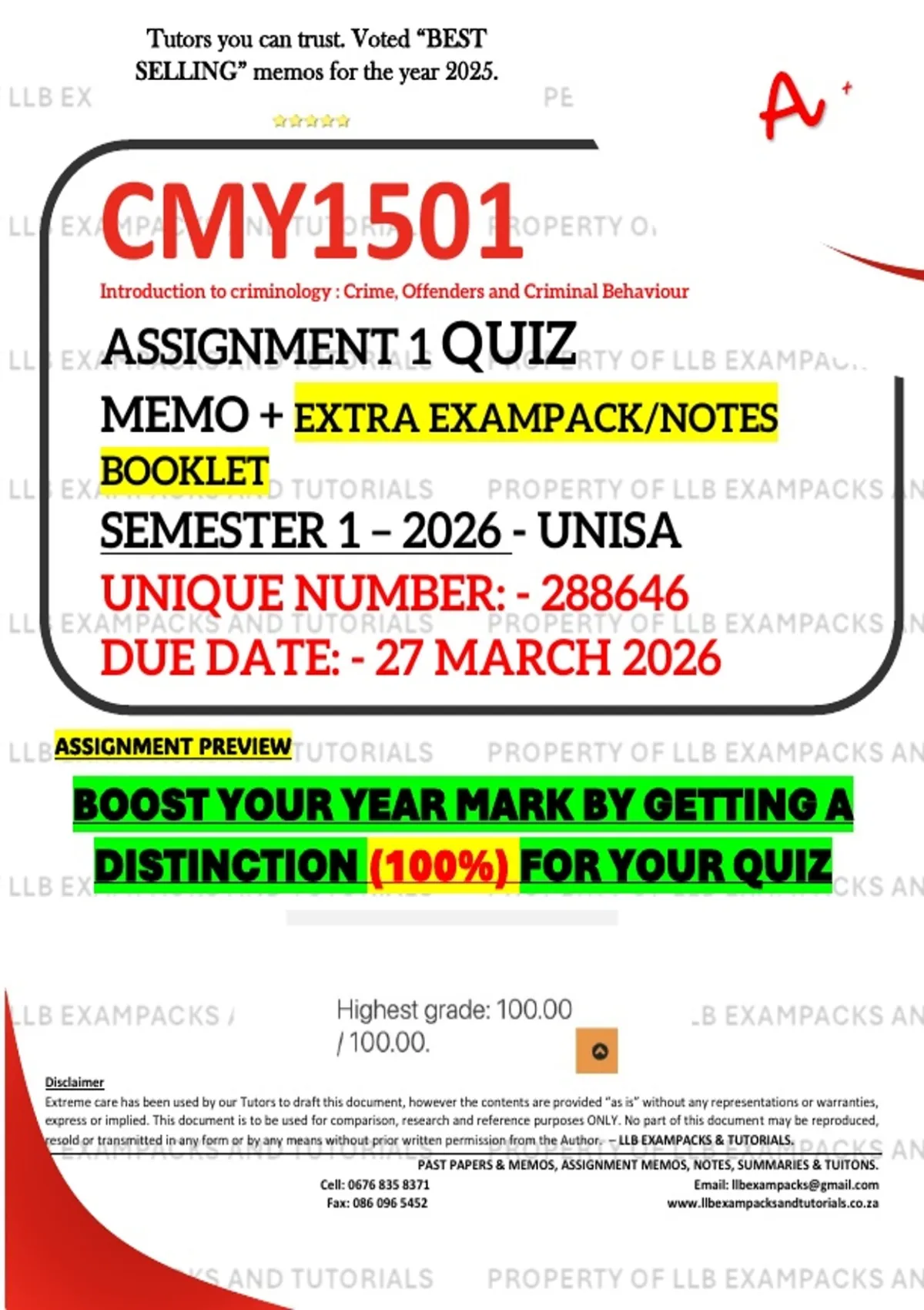 CMY1501 ASSIGNMENT 1 QUIZ MEMO - SEMESTER 1 - 2026 - UNISA – DUE DATE ...