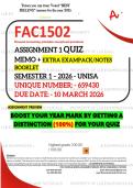 FAC1502 ASSIGNMENT 1 QUIZ MEMO - SEMESTER 1 - 2026 - UNISA &ndash; DUE DATE&colon; - 10 MARCH 2026 &lpar;QUIZ ANSWERS - DISTINCTION GUARANTEED&excl;&rpar; INCLUDES FREE MCQ BOOKLET  BOOST YOUR YEAR MARK BY GETTING A DISTINCTION &lpar;100&percnt;&rpar; FOR YOUR QUIZ