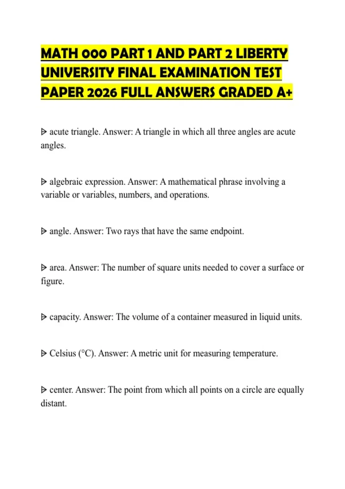 MATH 000 PART 1 AND PART 2 LIBERTY UNIVERSITY FINAL EXAMINATION TEST ...
