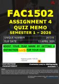 FAC1502 ASSIGNMENT 4 QUIZ MEMO - SEMESTER 1 - 2026 UNISA &ndash; DUE DATE&colon; - 13 APRIL 2026 &lpar;DISTINCTION GUARANTEED&excl;&rpar;