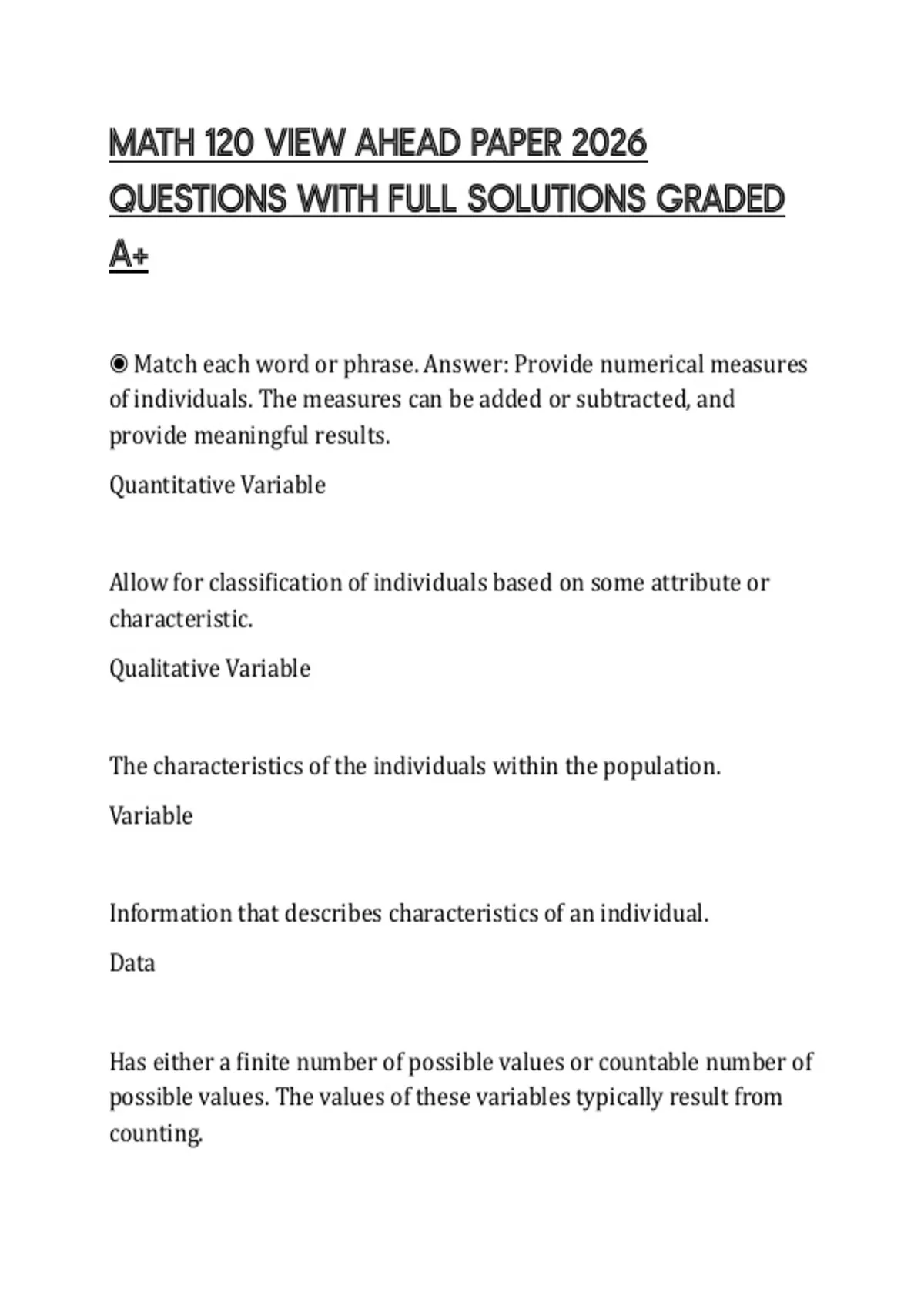 MATH 120 VIEW AHEAD PAPER 2026 QUESTIONS WITH FULL SOLUTIONS GRADED A+ ...