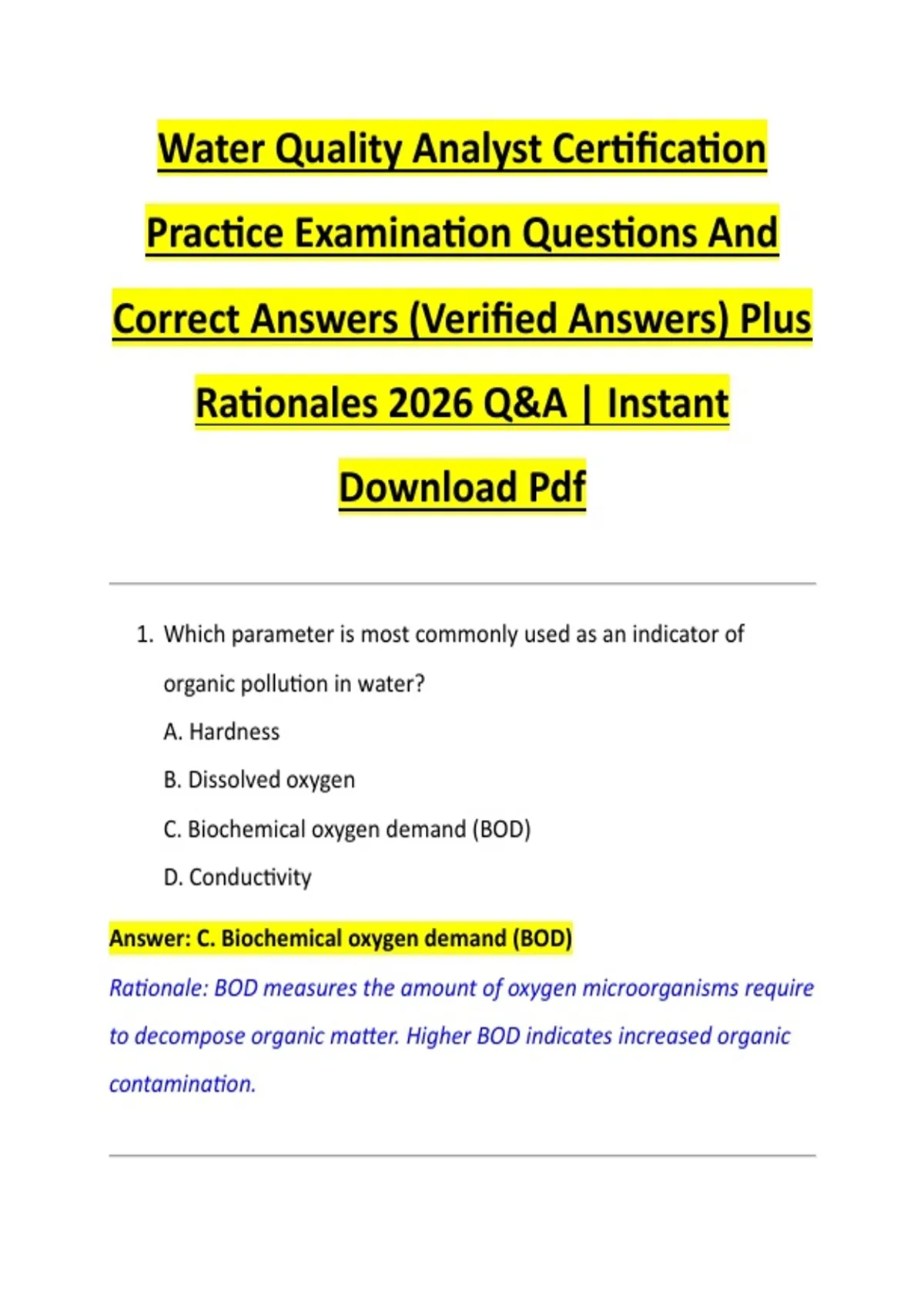 Water Quality Analyst Certification Practice Examination Questions And ...