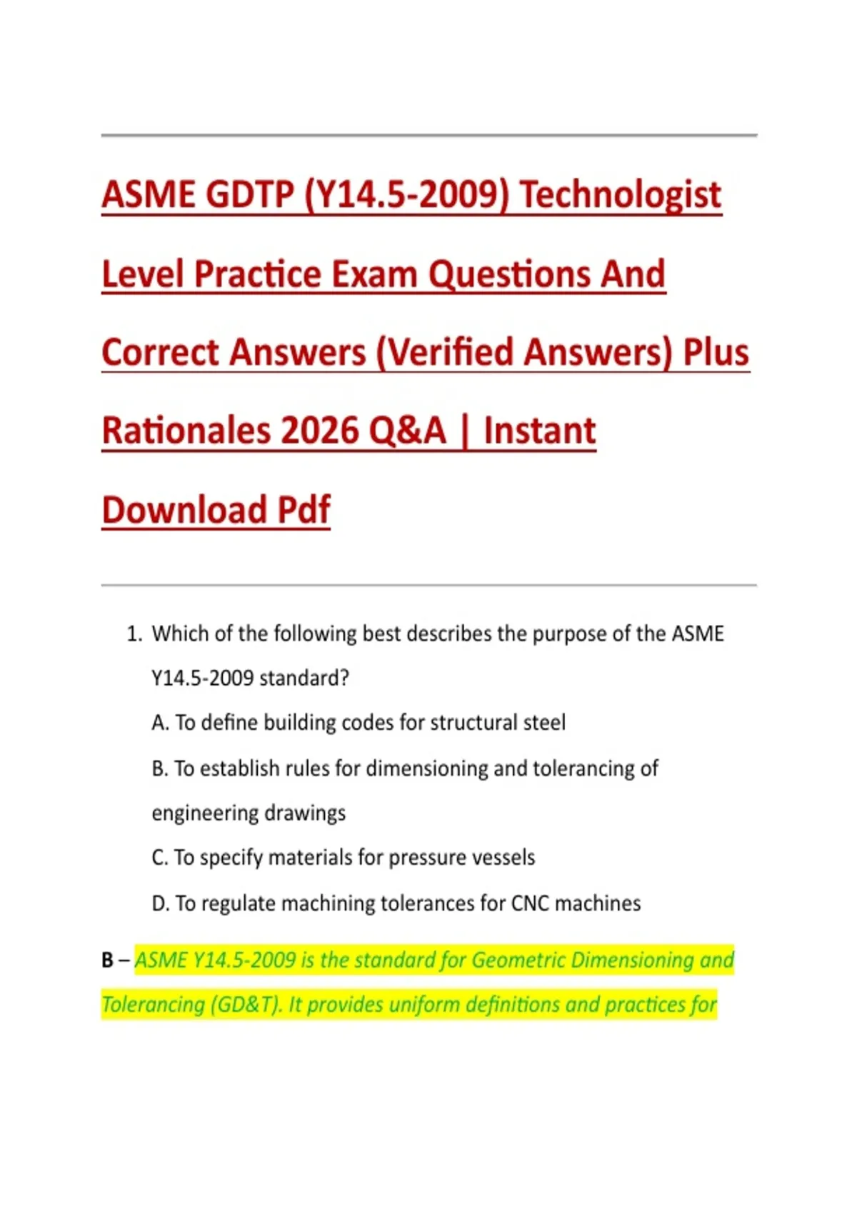 ASME GDTP (Y14.5-2009) Technologist Level Practice Exam Questions And ...