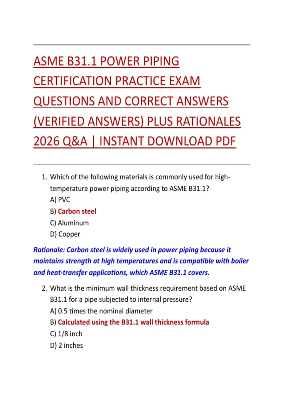 ASME B31.1 POWER PIPING CERTIFICATION PRACTICE EXAM QUESTIONS AND ...