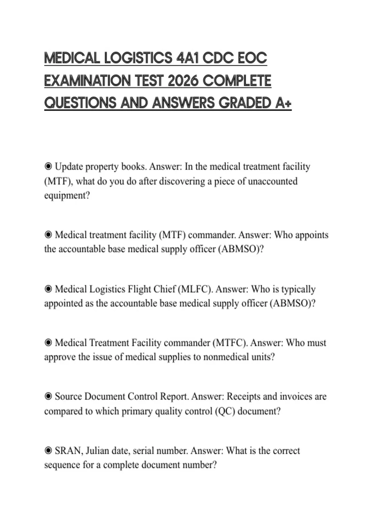 MEDICAL LOGISTICS 4A1 CDC EOC EXAMINATION TEST 2026 COMPLETE QUESTIONS ...