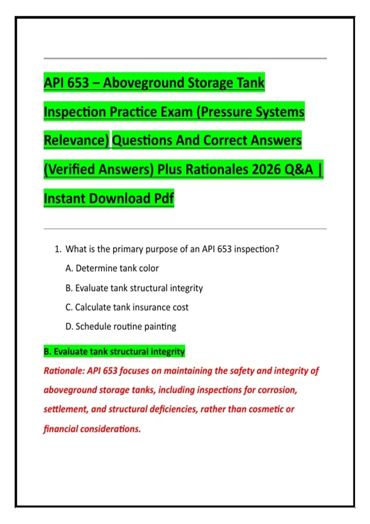 API 653 – Aboveground Storage Tank Inspection Practice Exam (Pressure ...