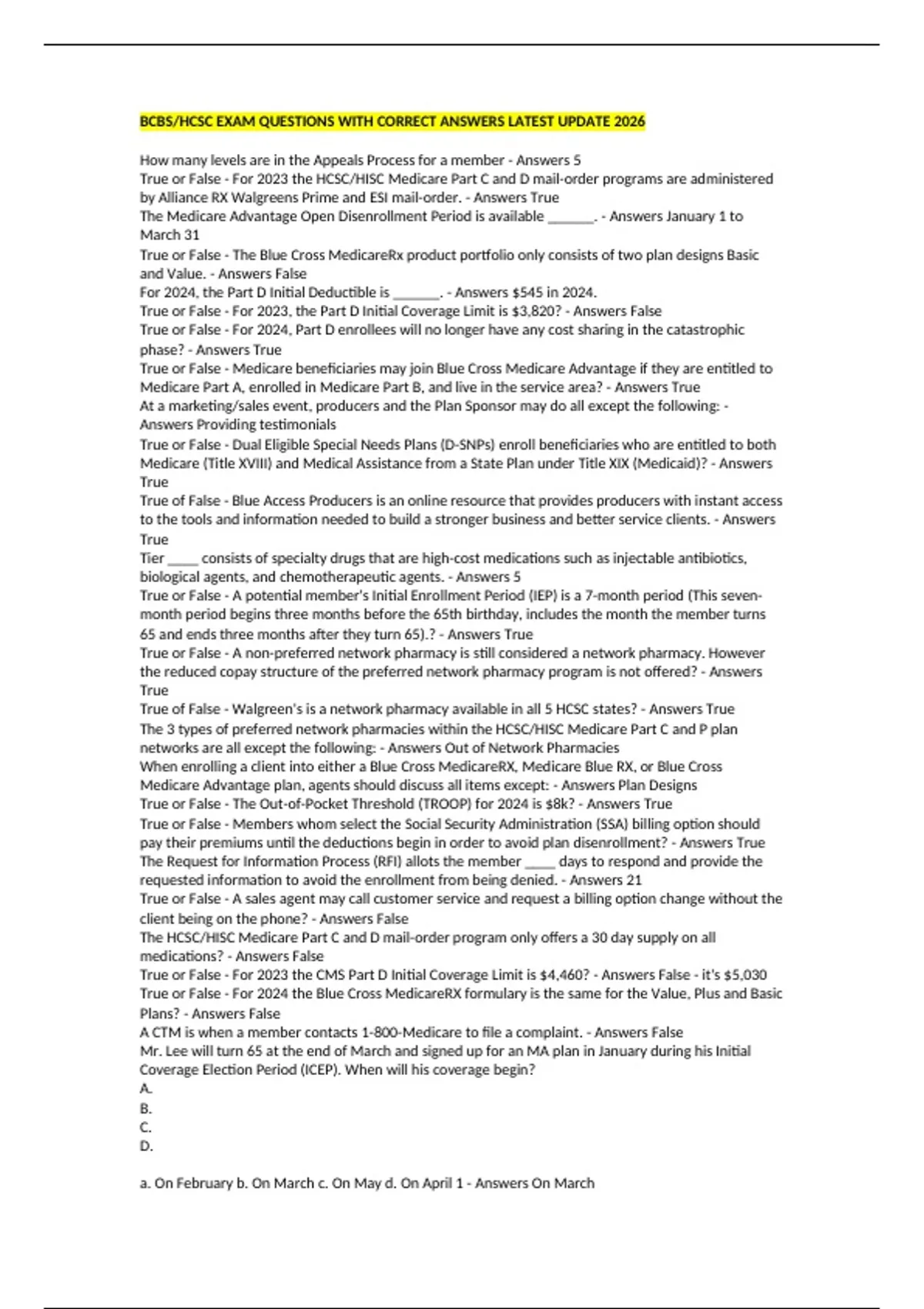 BCBS/HCSC EXAM QUESTIONS WITH CORRECT ANSWERS LATEST UPDATE 2026 - BCBS ...