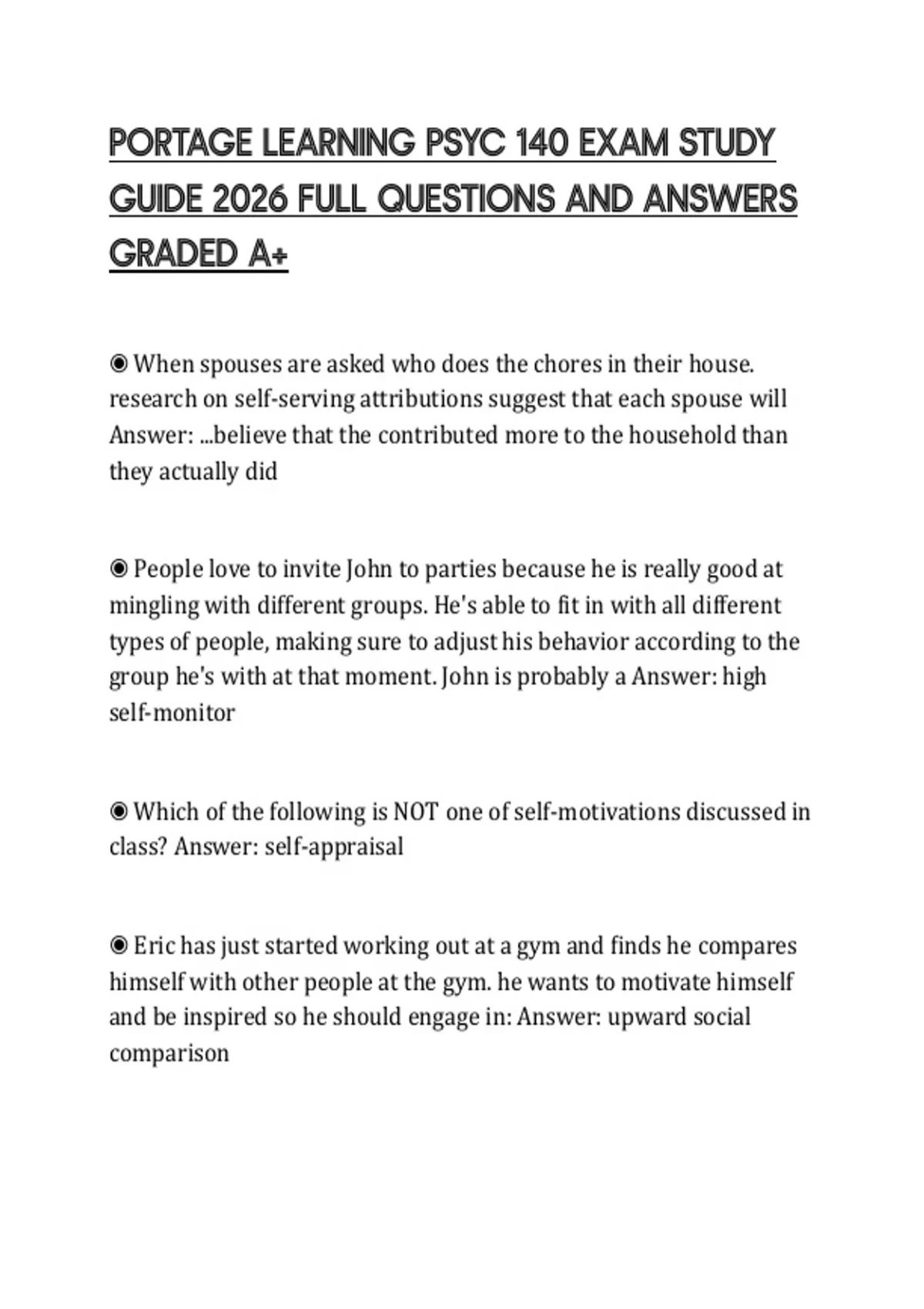 PORTAGE LEARNING PSYC 140 EXAM STUDY GUIDE 2026 FULL QUESTIONS AND ...