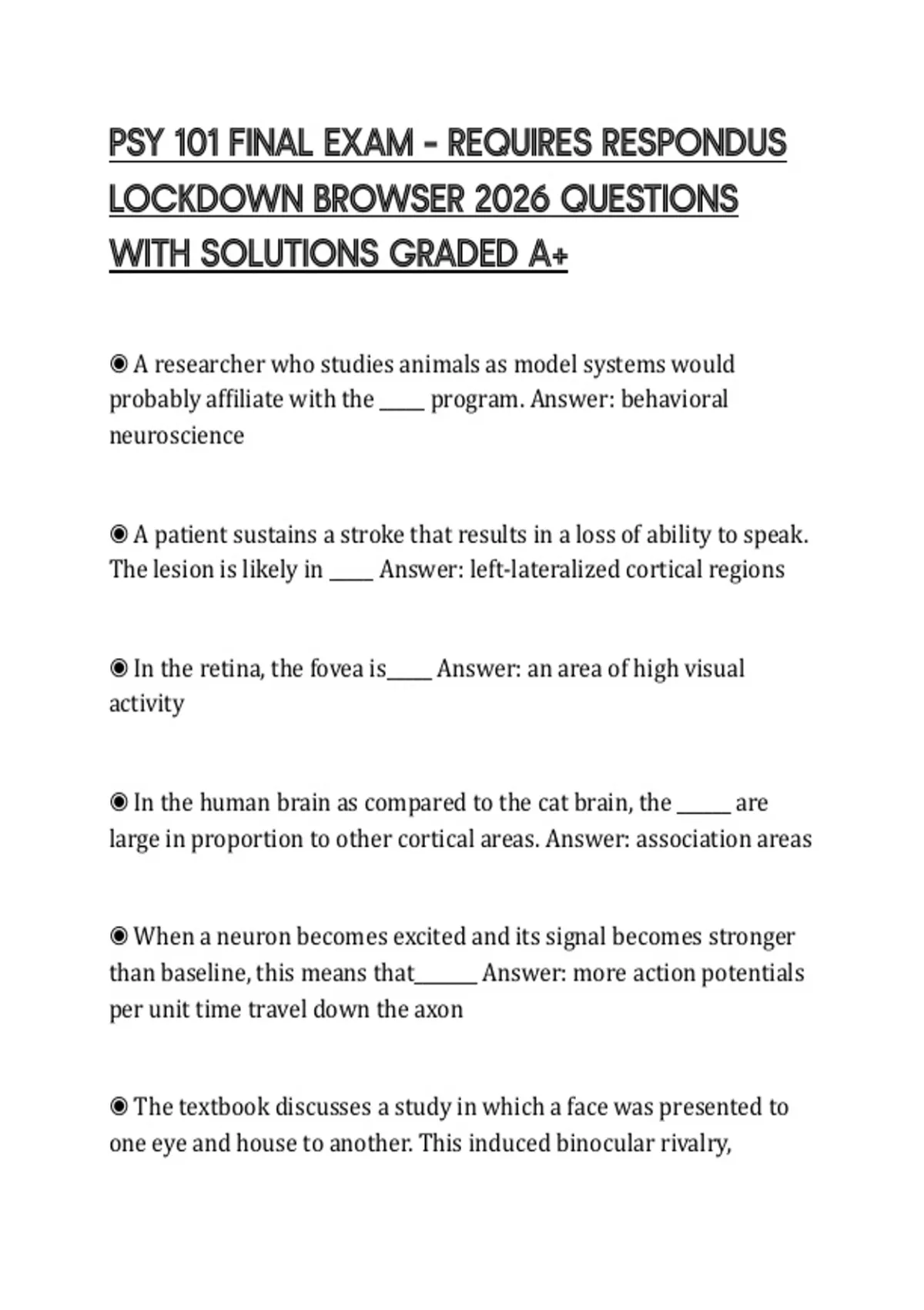 PSY 101 FINAL EXAM – REQUIRES RESPONDUS LOCKDOWN BROWSER 2026 QUESTIONS ...