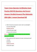 Tower Crane Operator Certification Exam  Practice &lpar;NCCCO&rpar; Questions And Correct  Answers &lpar;Verified Answers&rpar; Plus Rationales  2026 Q&A &vert; Instant Download Pdf 