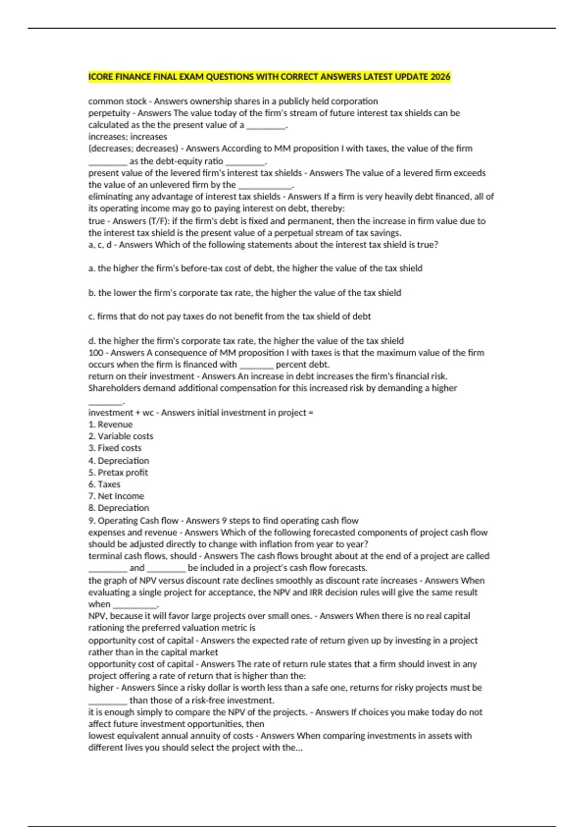 ICORE FINANCE FINAL EXAM QUESTIONS WITH CORRECT ANSWERS LATEST UPDATE ...