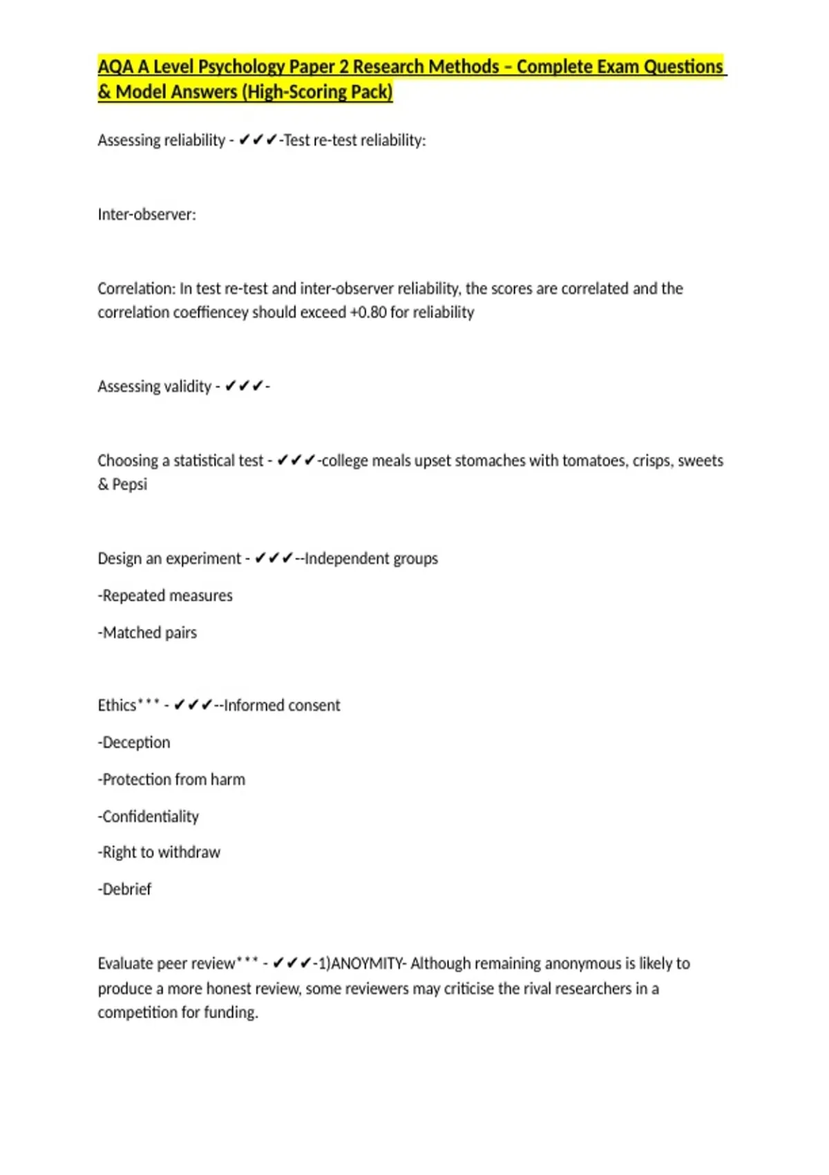 AQA A Level Psychology Paper 2 Research Methods – Complete Exam ...