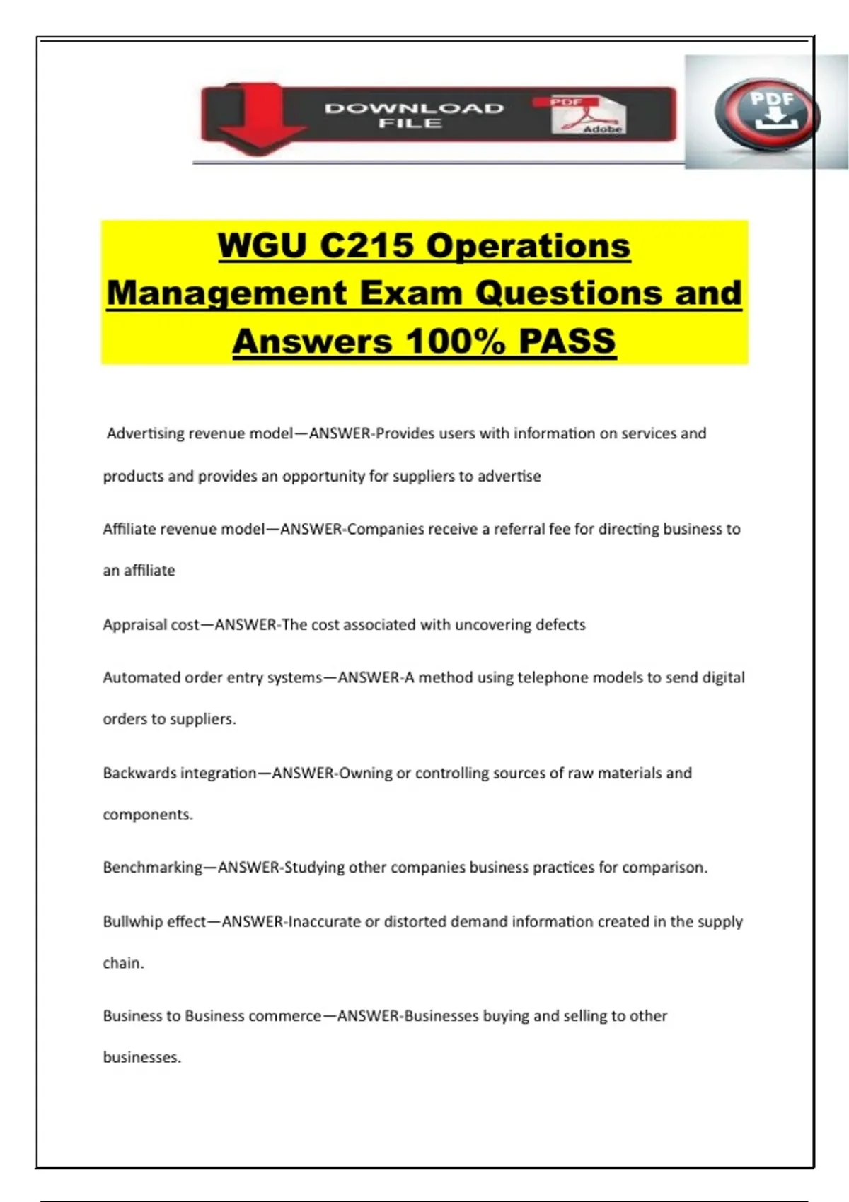 WGU C215 Operations Management Exam Questions and Answers 100% PASS ...
