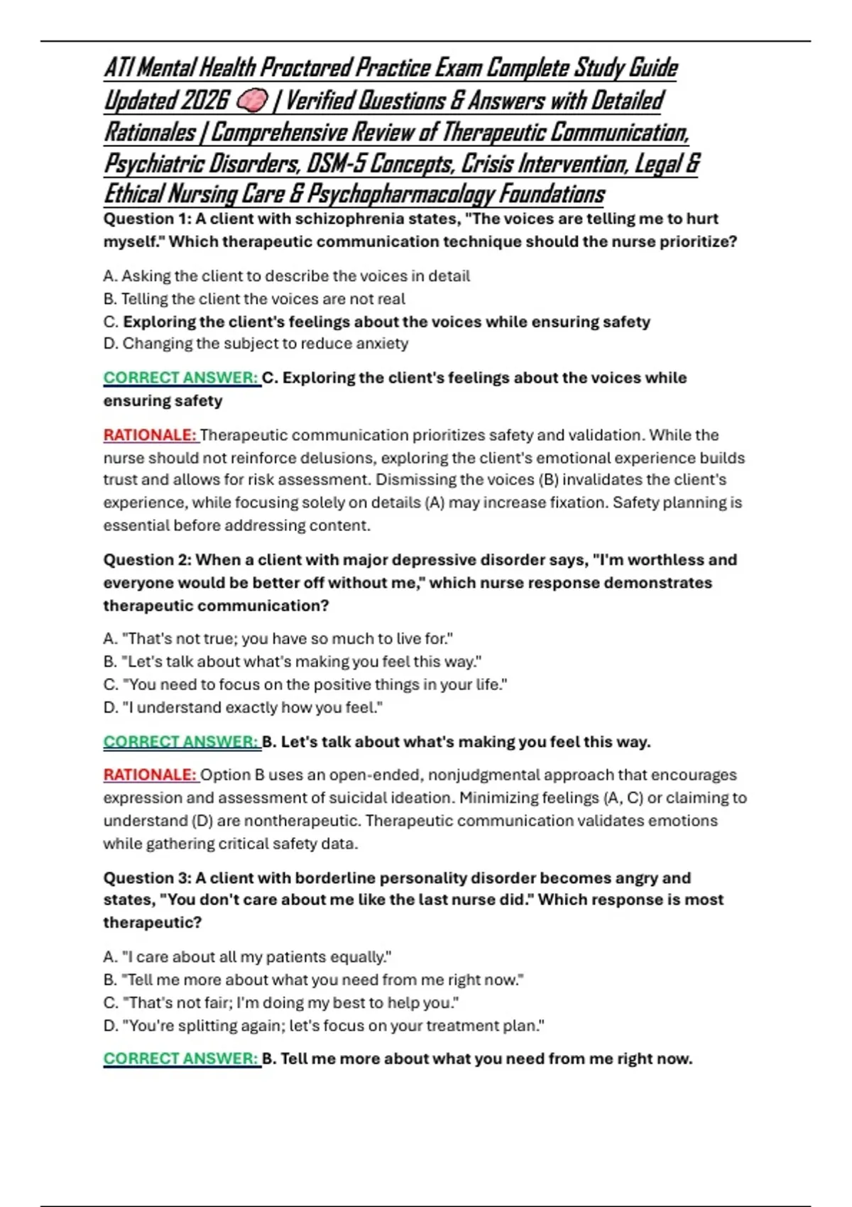 ATI Mental Health Proctored Practice Exam Complete Study Guide Updated ...