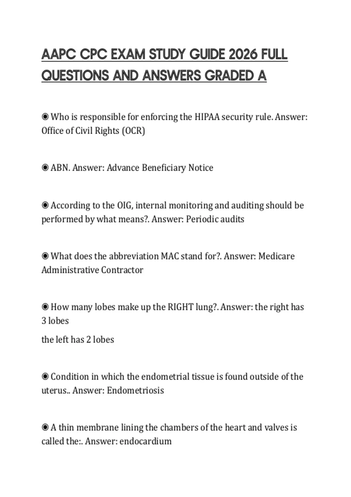 AAPC CPC EXAM STUDY GUIDE 2026 FULL QUESTIONS AND ANSWERS GRADED A ...