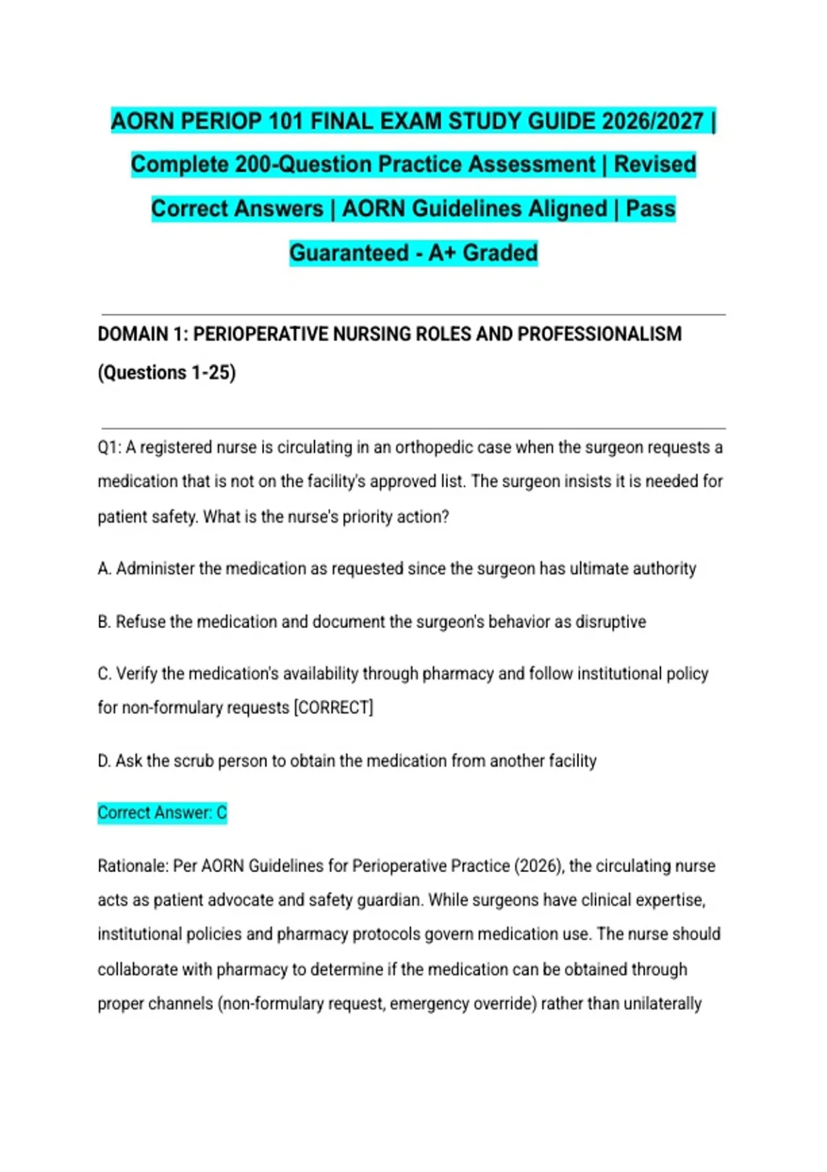AORN PERIOP 101 FINAL EXAM STUDY GUIDE 2026/2027 | Complete 200 ...