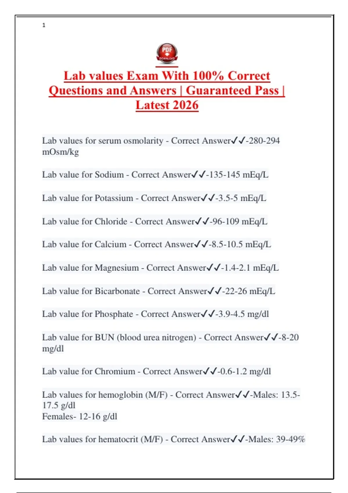 Lab Values Exam With 100% Correct Questions and Answers | Guaranteed ...