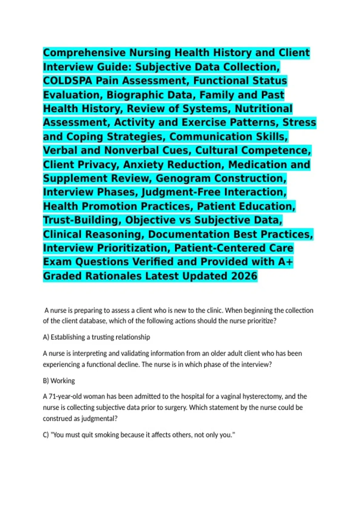 Coldspa Comprehensive Nursing Health History and Client Interview Guide ...