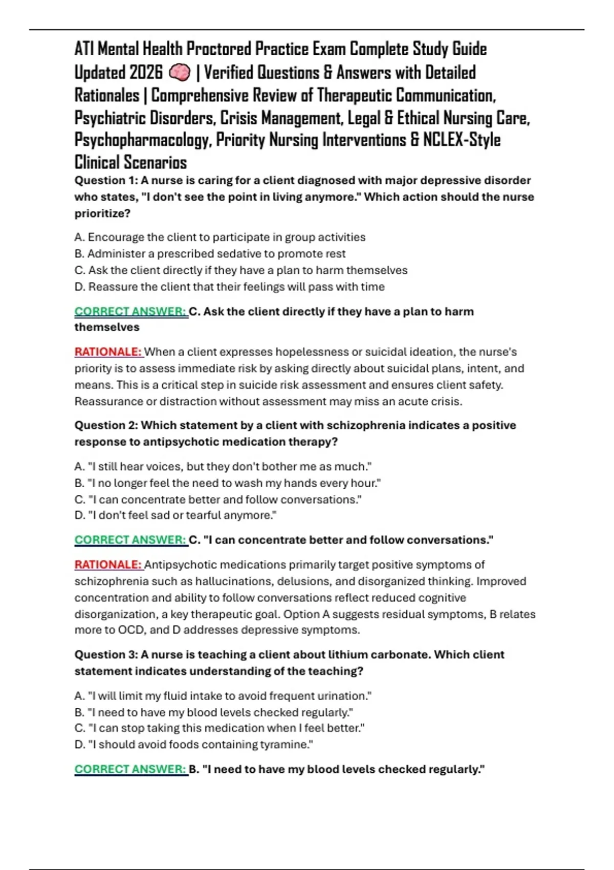 ATI Mental Health Proctored Practice Exam Complete Study Guide Updated ...