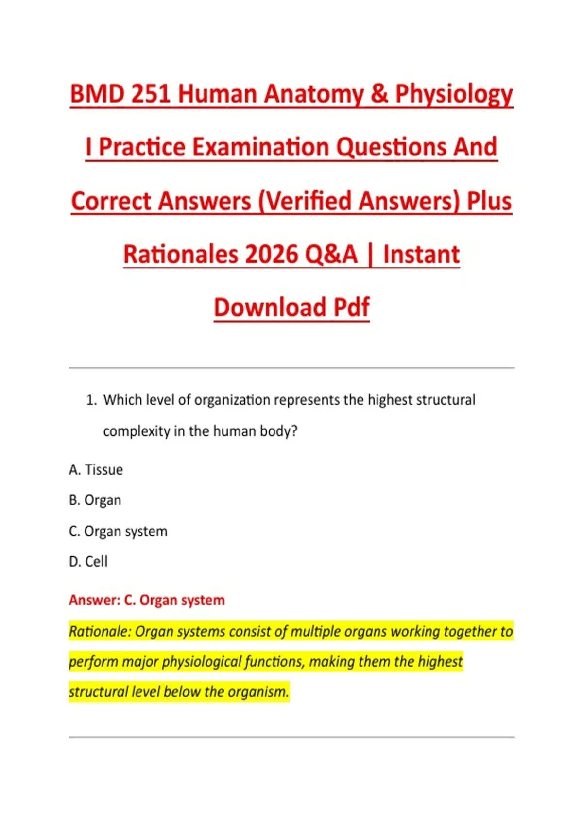 BMD 251 Human Anatomy & Physiology I Practice Examination Questions And ...