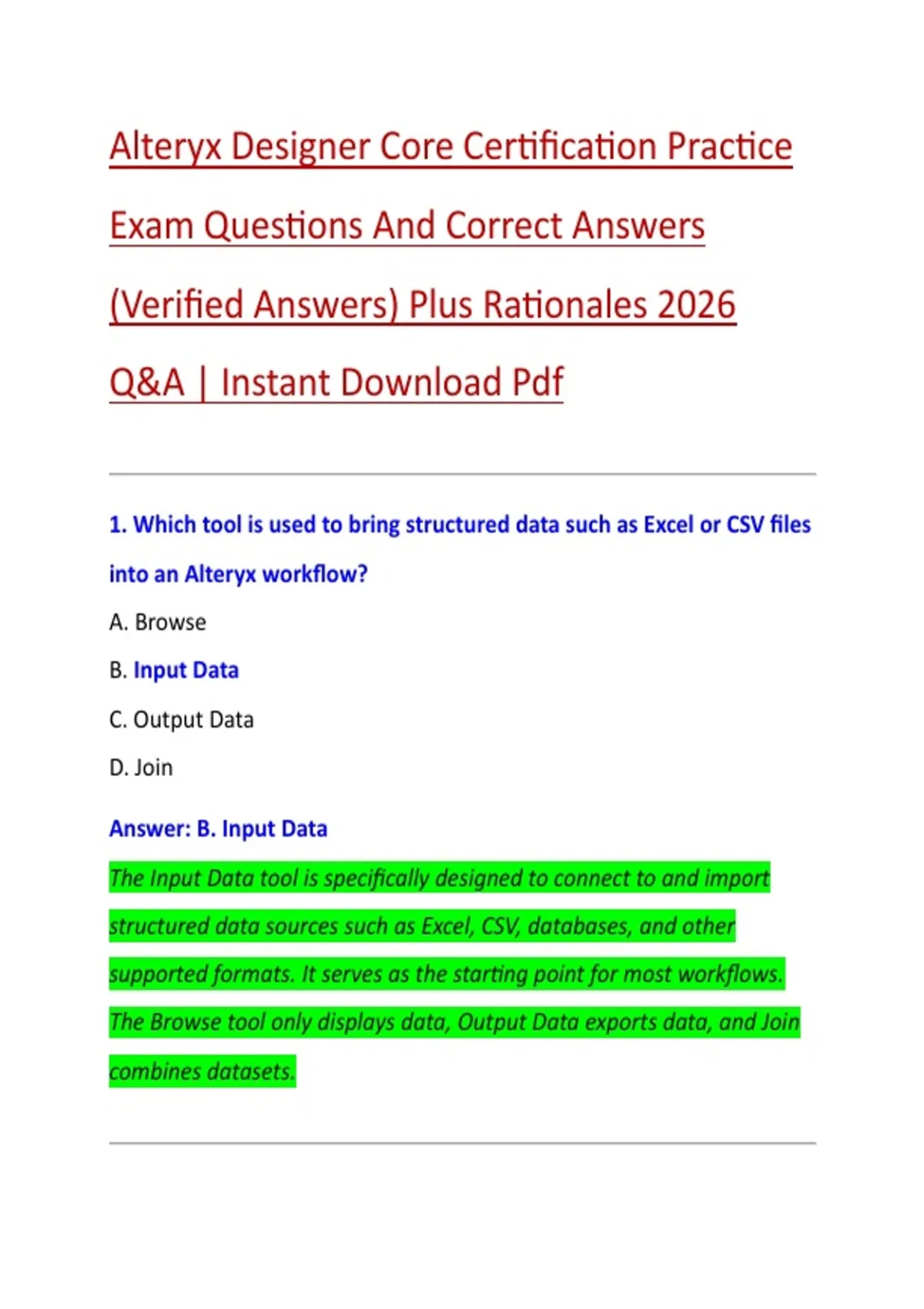 Alteryx Designer Core Certification Practice Exam Questions And Correct ...