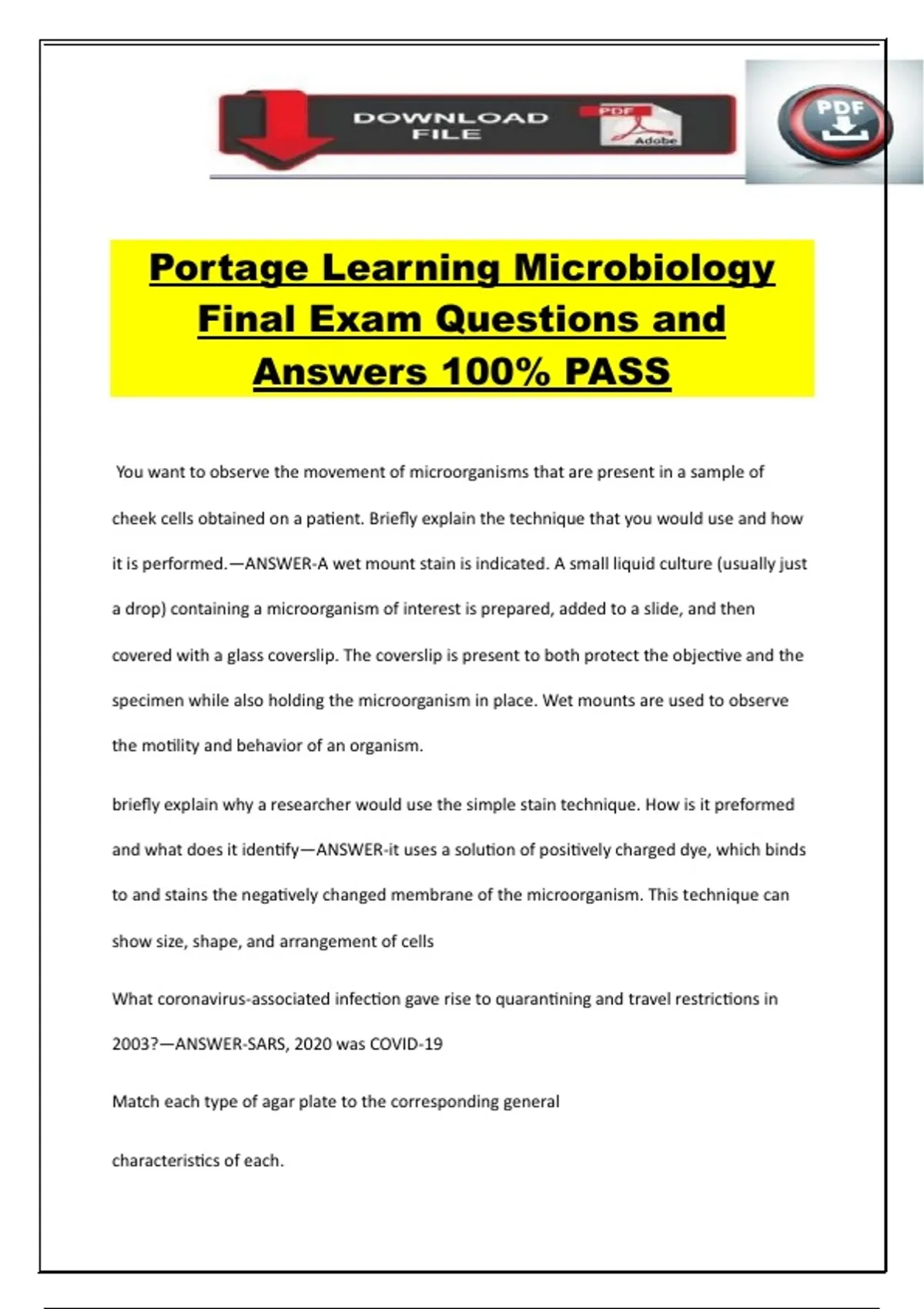 Portage Learning Microbiology Final Exam Questions and Answers 100% ...