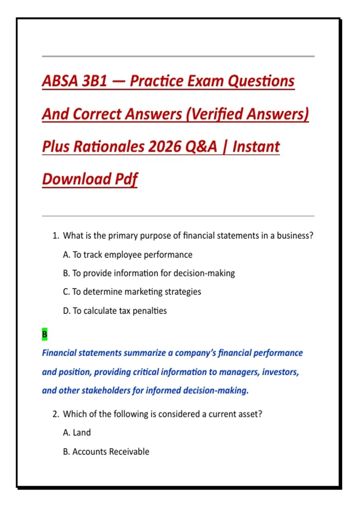 Cart Absa ABSA 3B1 — Practice Exam Questions And Correct Answers (Verified ...