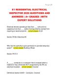 E1 RESIDENTIAL ELECTRICAL  INSPECTOR 2026 QUESTIONS AND  ANSWERS &vert; A&plus; GRADED &vert; WITH  EXPERT SOLUTIONS 
