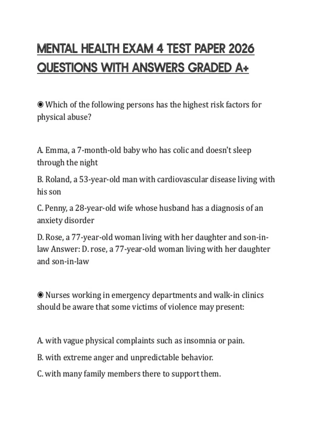 MENTAL HEALTH EXAM 4 TEST PAPER 2026 QUESTIONS WITH ANSWERS GRADED A+ ...
