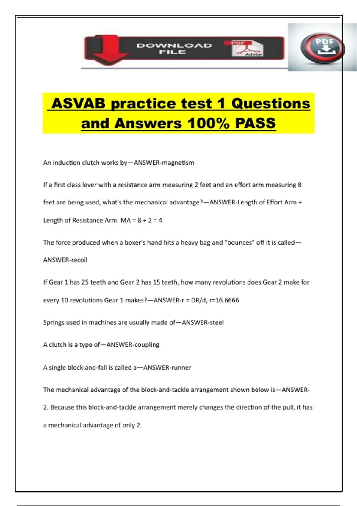 ASVAB practice test 1 Questions and Answers 100% PASS - ASVAB - Stuvia US