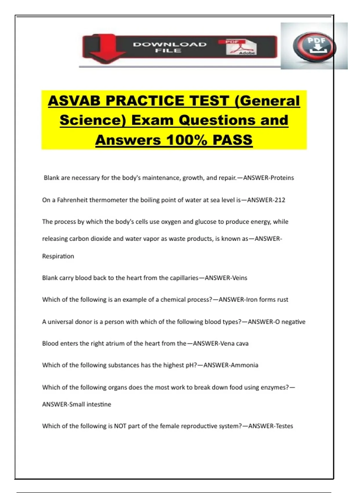 ASVAB PRACTICE TEST (General Science) Exam Questions and Answers 100% ...