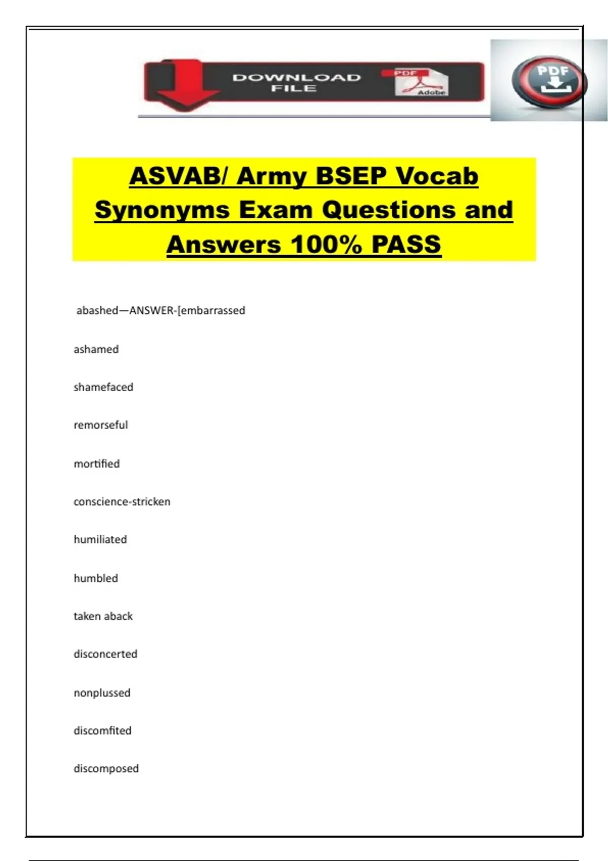 Bsep Form ASVAB/ Army BSEP Vocab Synonyms Exam Questions and Answers 100% PASS ...