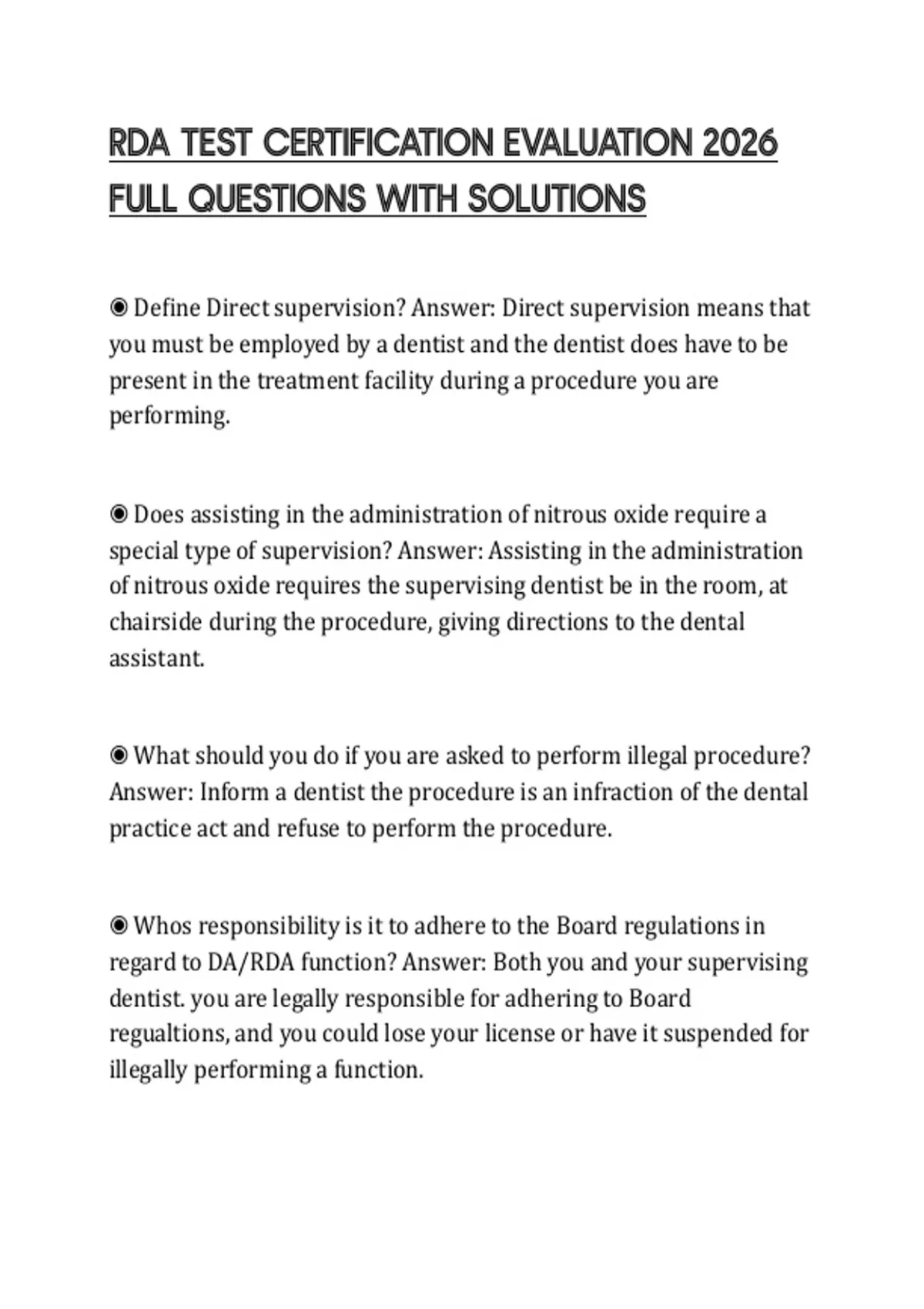 RDA TEST CERTIFICATION EVALUATION 2026 FULL QUESTIONS WITH SOLUTIONS ...