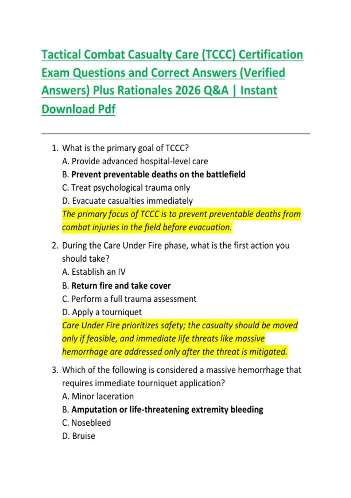 Tactical Combat Casualty Care (TCCC) Certification Exam Questions and ...