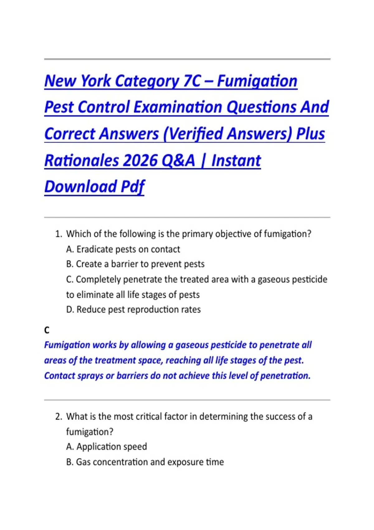 New York Category 7C – Fumigation Pest Control Examination Questions ...