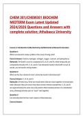 CHEM 301&sol;CHEM301 BIOCHEM  MIDTERM Exam Latest Updated  2024&sol;2026 Questions and Answers with  complete solution&semi; Athabasca University