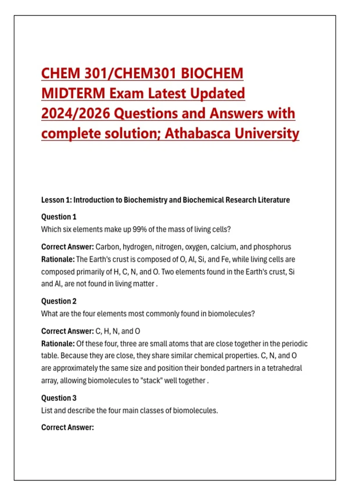 CHEM 301/CHEM301 BIOCHEM MIDTERM Exam Latest Updated 2024/2026 ...