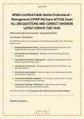 APWA Certified Public Works Professional &ndash; Management &lpar;CPWP-M&rpar; Exam ACTUAL Exam ALL 200 QUESTIONS AND CORRECT ANSWERS LATEST UPDATE THIS YEAR